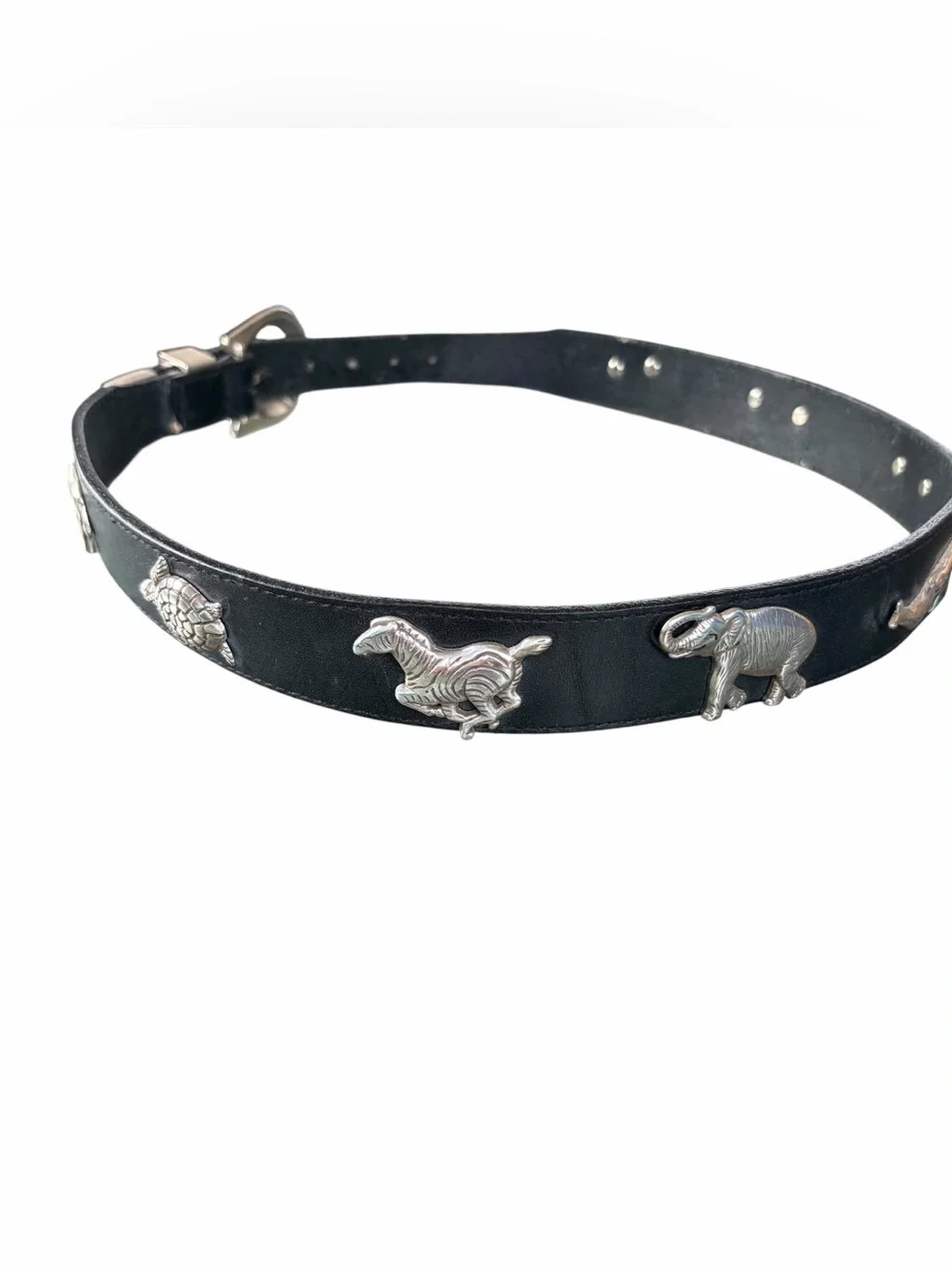 CABELA’S BLACK LEATHER BELT WITH SILVER ANIMAL CONCHOS – VINTAGE 1991 MEDIUM